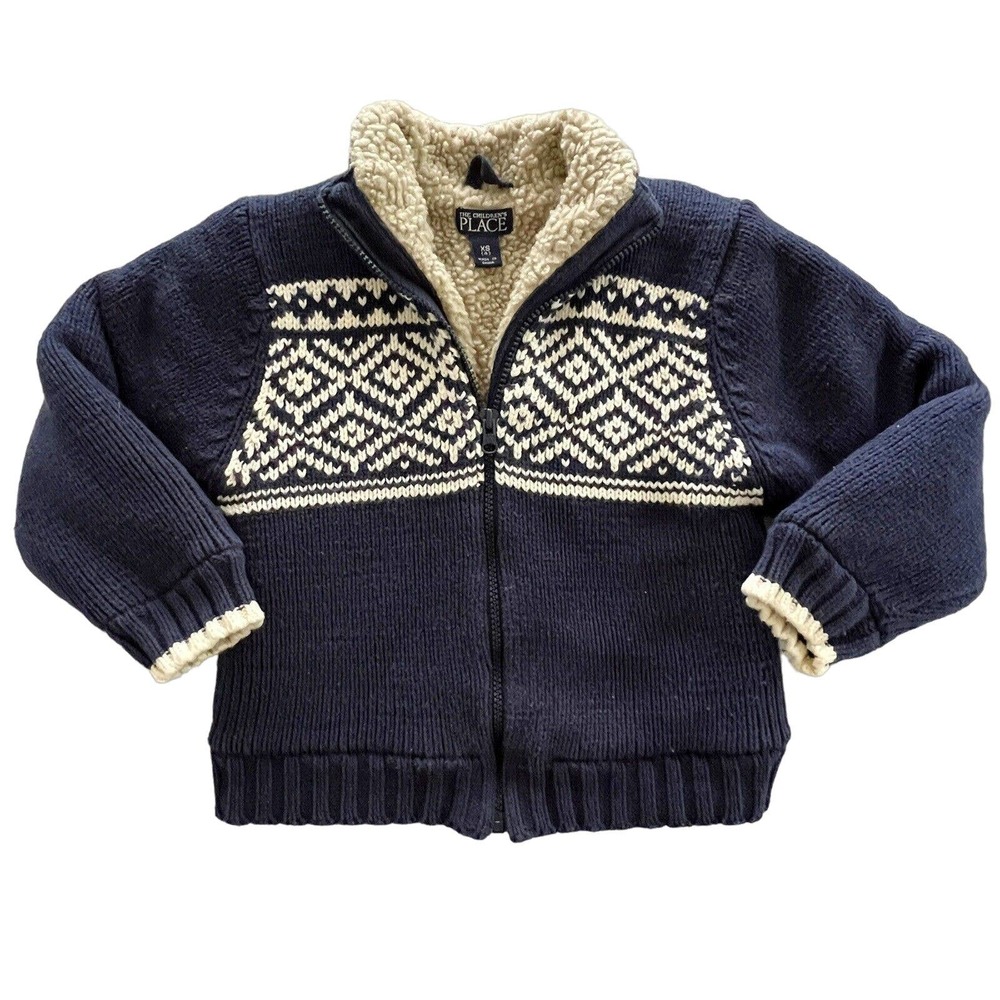 Children’s Place Boys XS(4) Sherpa Lined Fair Isle Sweater Coat Zip Navy Cream